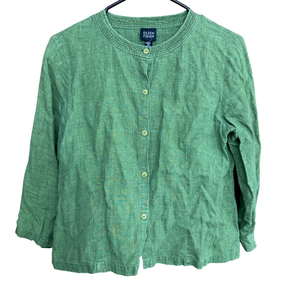 Eileen Fisher Green 100% Irish Linen Button Front Cardigan Top Shirt Womens S